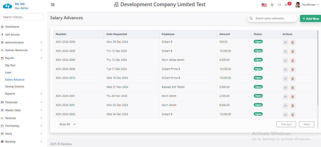 Biz360 payroll software salary advances list with request dates and status