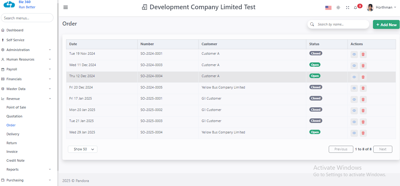 Biz360 sales software sales orders list with dates, order numbers and customers